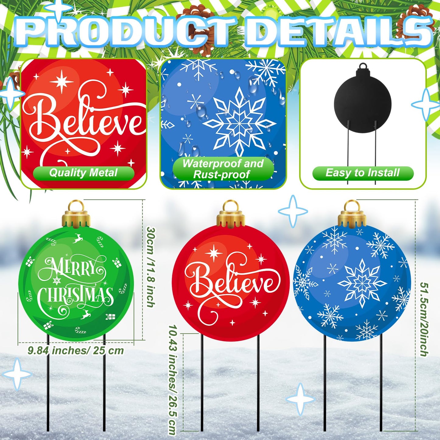 3 Pcs Metal Christmas Balls Yard Signs 20'' H Outdoor Waterproof Snowflake Believe Merry Christmas Yard Sign with Stakes for Outside Porch Patio Lawn Garden Pathway Xmas Holiday Winter Decoration