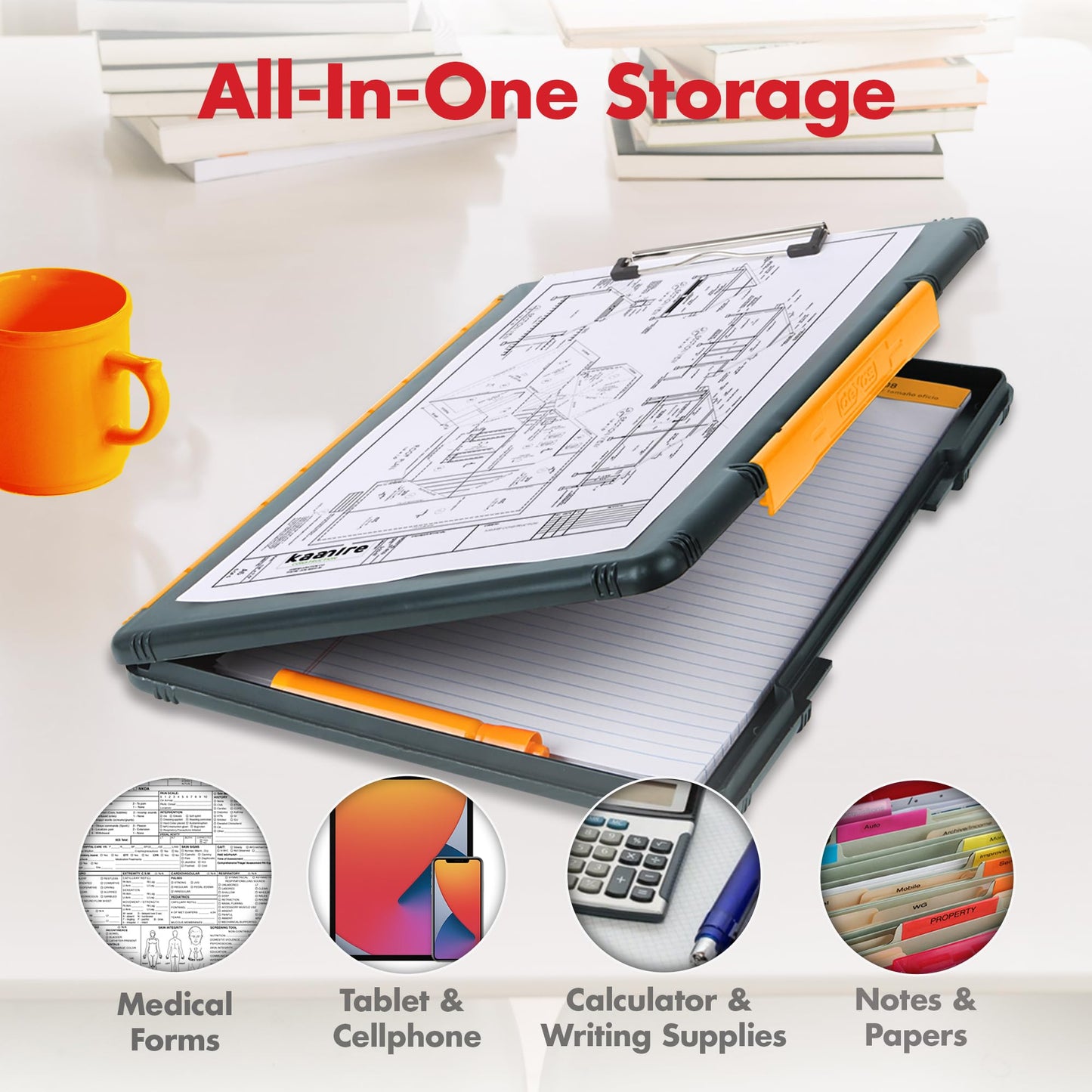 Dexas Legal Size XL Slimcase 2 Storage Clipboard, Gray with Orange Clip, 15.5" x 10.5"