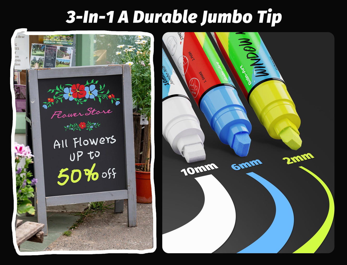 Gain-Art Car Window Markers for Glass Washable, 8 Jumbo Liquid Chalk Pens with 10mm Wide Tips & 3 in 1 Nib, Window Paint for Glass, Chalkboard, Menu Board, Restaurant, Bistro, Grocery Store