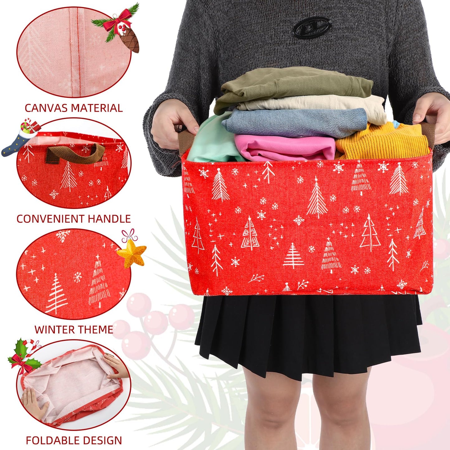 Layhit 3 Pcs Christmas Storage Bins Large Foldable Christmas Basket with Handles Xmas Tree Santa Snowflake Boxes Red white Fabric Collapsible Basket for Cloth Toy Book Ball Party Supplies