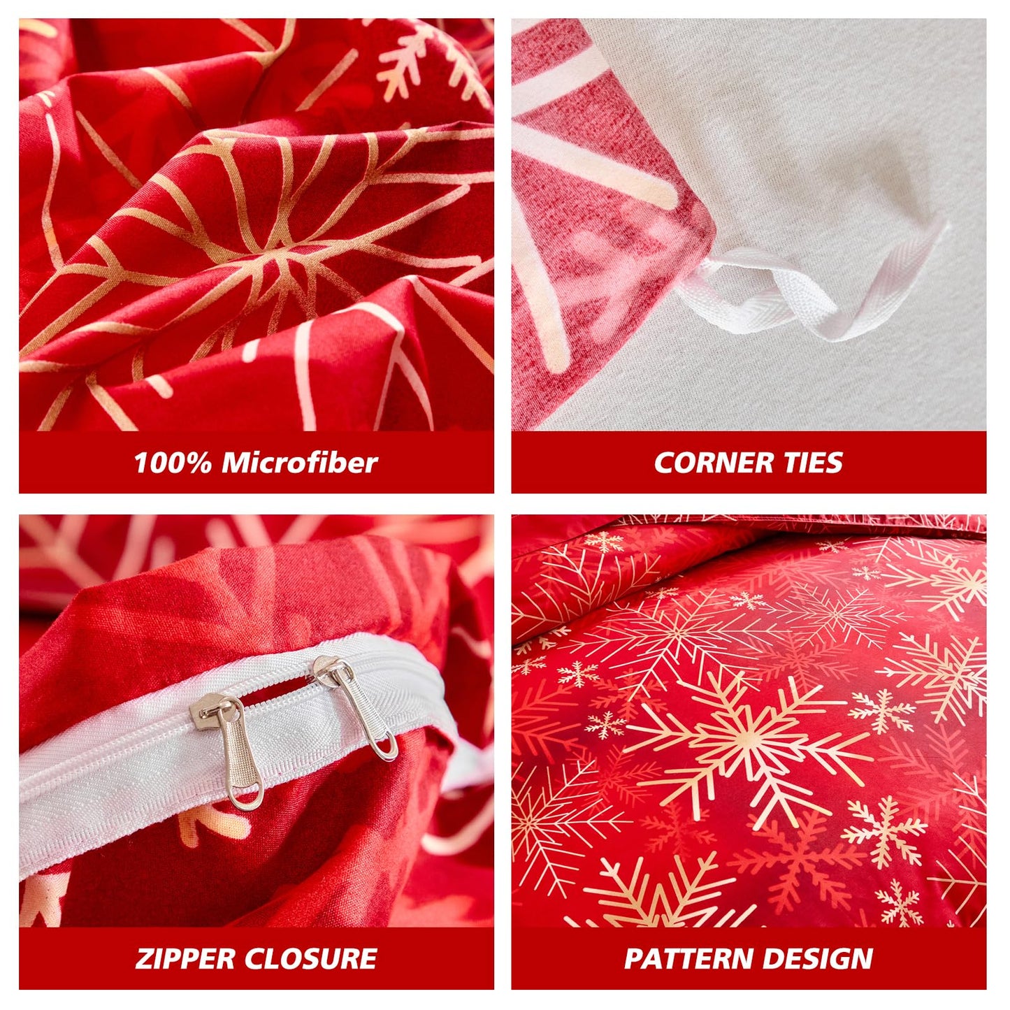 Joyreap 3pcs Christmas Duvet Cover Set King, Xmas Golden Snowflakes Black and Red Tie-dye Design Bedding Set, Includes 1 Duvet Cover and 2 Pillow Shams