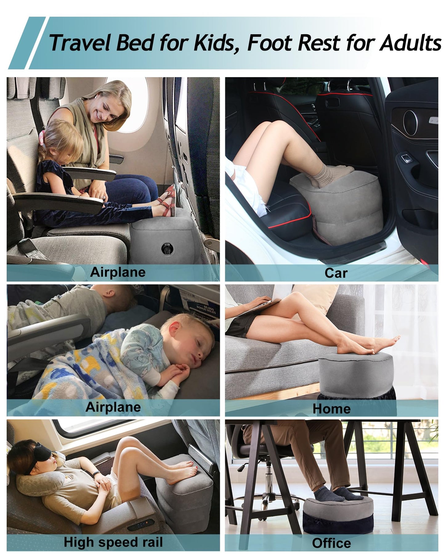 JefDiee Inflatable Travel Foot Rest Pillow,Kids Airplane Bed,Adjustable Height Flight Pillow,Travel Essentials for Airplane,Office,Home,Trains,Cars