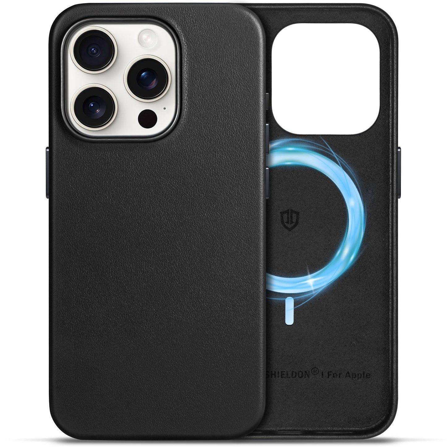 SHIELDON Genuine Leather Case for iPhone 15 Pro 6.1", Magnetic Wireless Charging - Slim Fit - Non-Slip - Metal Buttons - Shockproof Protective Phone Case Compatible with iPhone 15 Pro 2023 - Black