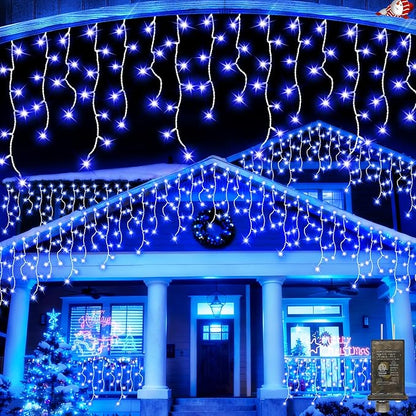 JXLEDAYY 65 FT 640 LED Christmas Lights Outdoor Decorations Clear Wire String Lights Plug in 120 Drops 8 Modes Memory Timer Connectable Curtain Fairy Lights Waterproof for Holiday Wedding Party-Blue