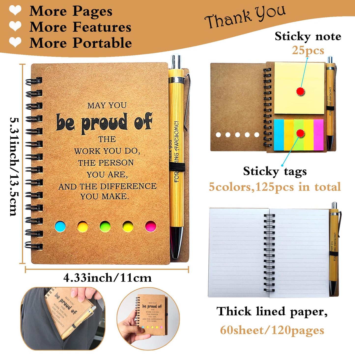 2026 Inspirational Spiral Notebook 10 Sets Portable Employee Appreciation Gifts Bulk Journals with Sticky Note Pen for Teachers Students Friends Colleagues Volunteer Nurse and Family Thank You Gifts