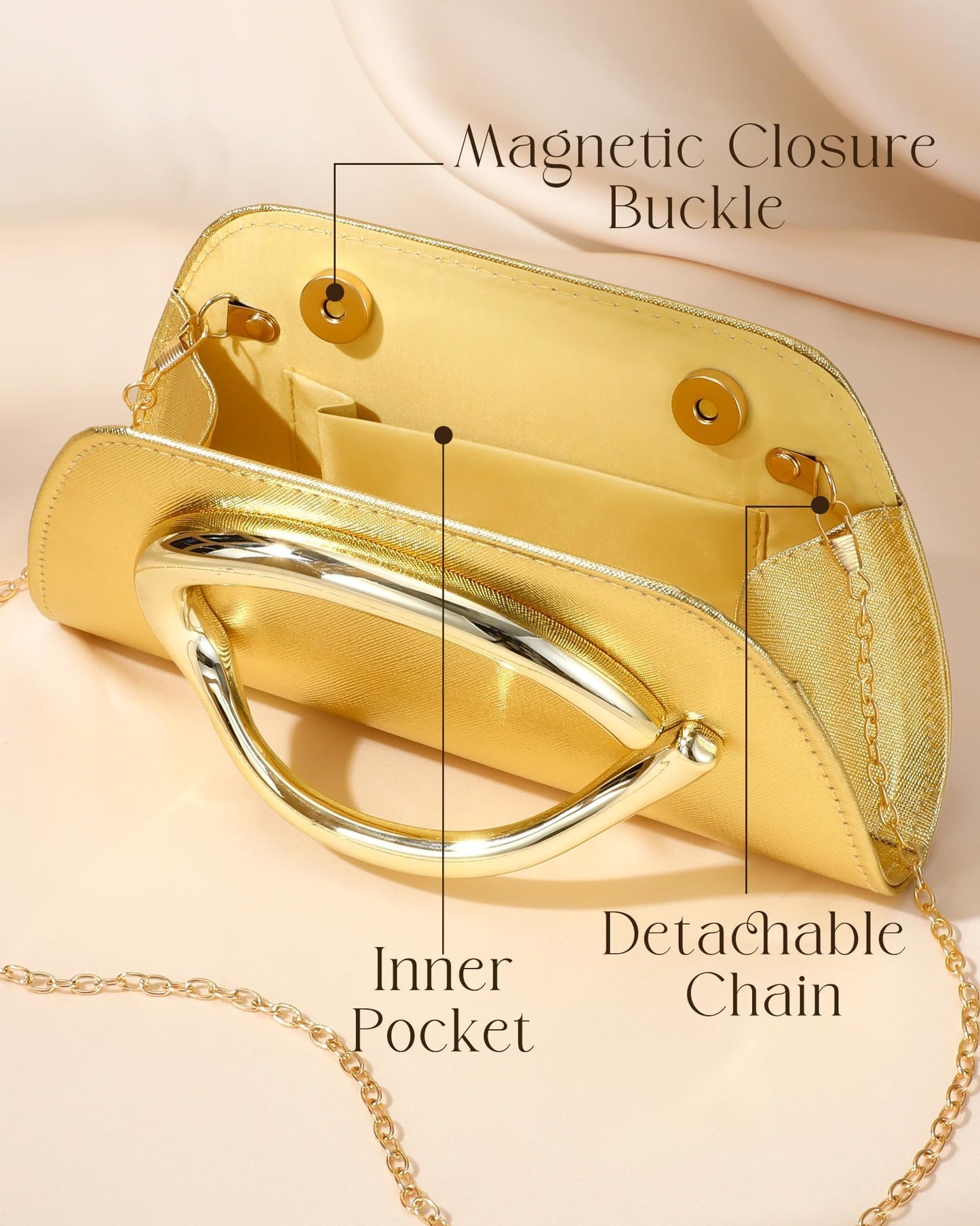 XquiziFit Gold Clutch PU Leather Clutch Purses for Women Metal Handle Evening Bag for Wedding Cocktail Party