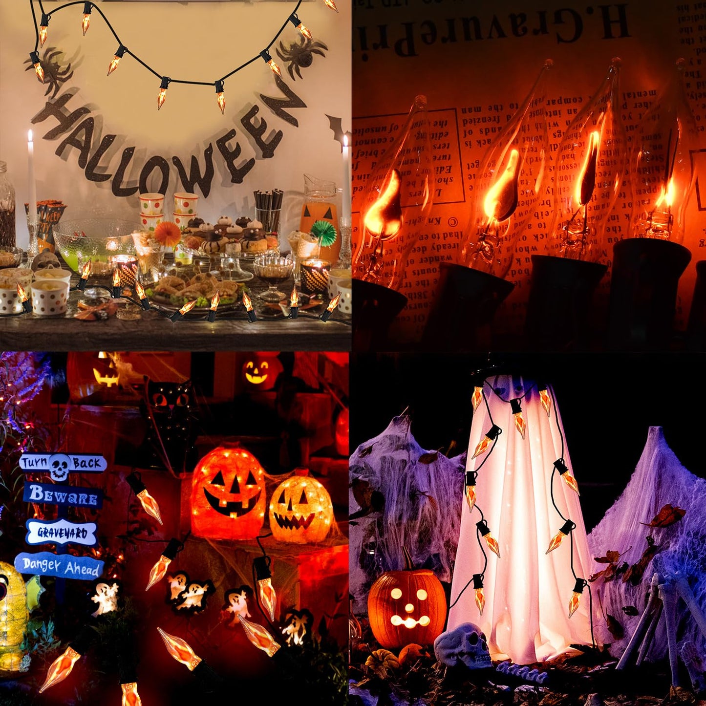 27.8Ft Halloween Decorations Flickering Flame String Lights with 29 Pack Clear Glass Flame Light Bulbs (4 Spare), E12 Base, Great for Christmas Halloween Indoor Outdoor Home Party Decor, Black Wire