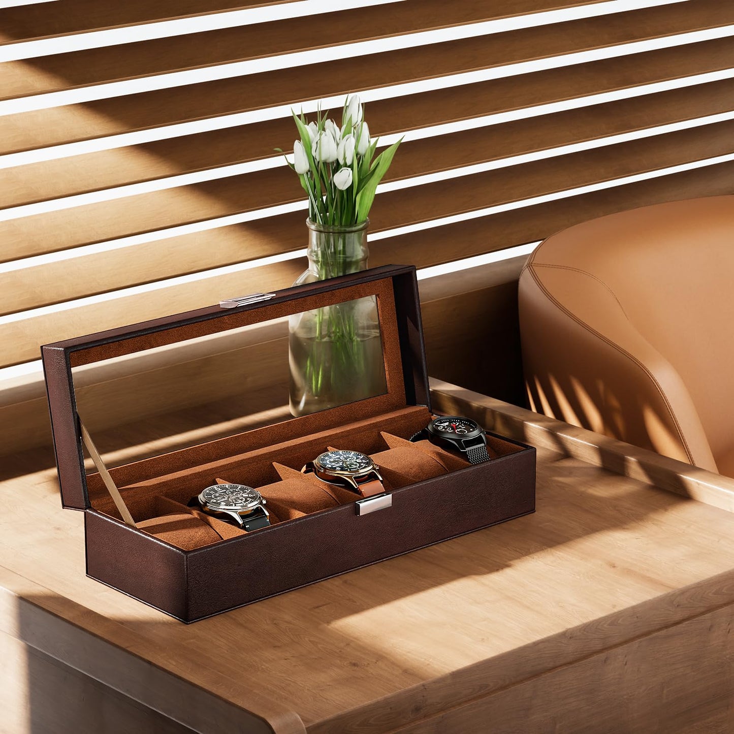 ProCase Watch Box, Fathers Day Gift for Dad, 6 Slot Mens Watch Case, Watch Storage Holder Organizer, Watch Display Case with Glass Lid, Anniversary Birthday Gifts -6 Slot, Espresso