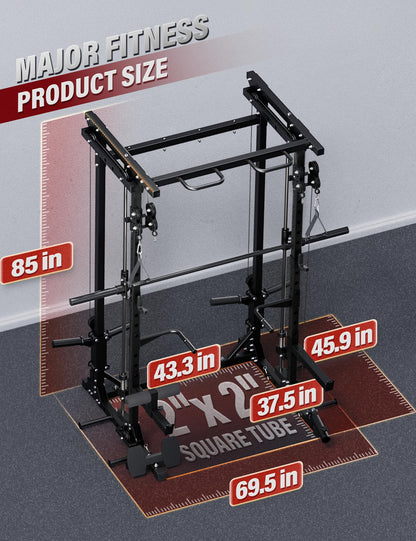Major Fitness Drone3 Smith Machine with Weight Bench, All-in-One Home Gym Squat Rack with Cable Crossover & Pull-Up Station, Heavy-Duty Full-Body Workout for Strength Training, Black