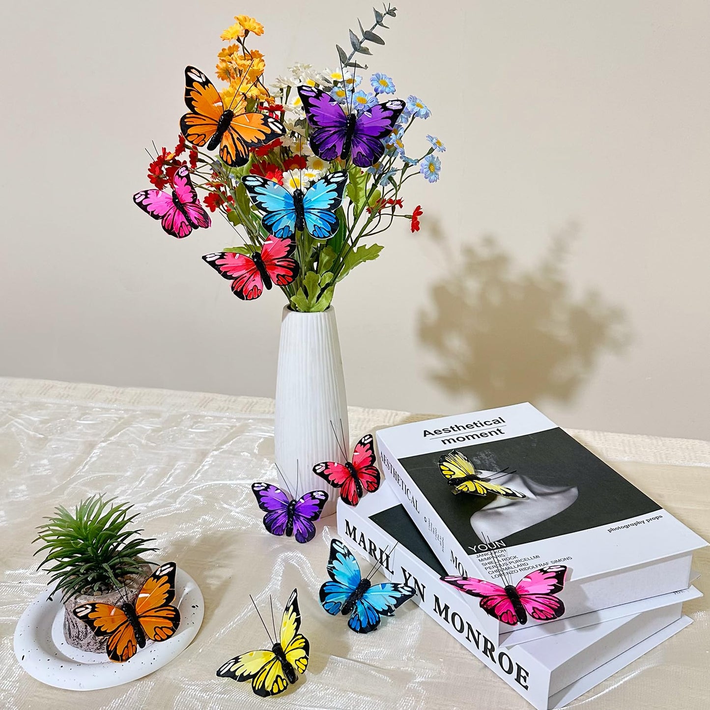 FBIRDY Feather Butterfly Set of 12 Clip on Artificial Butterflies for Crafts Christmas Butterfly Ornament Butterflys Flower Bouquet Christmas Tree Decorations for Floral Wedding Decor