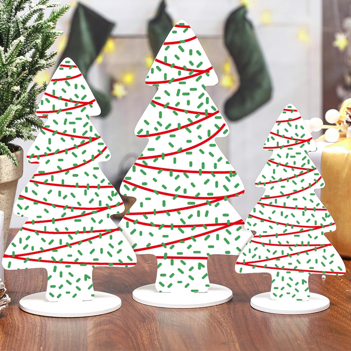 Huwena 3 Piece Wooden Christmas Tree Table Decor Rustic Farmhouse Xmas Tree Snowflake Centerpieces Tiered Tray Shelf Decorations for Home, Office, Holiday Party Decor (Simple)