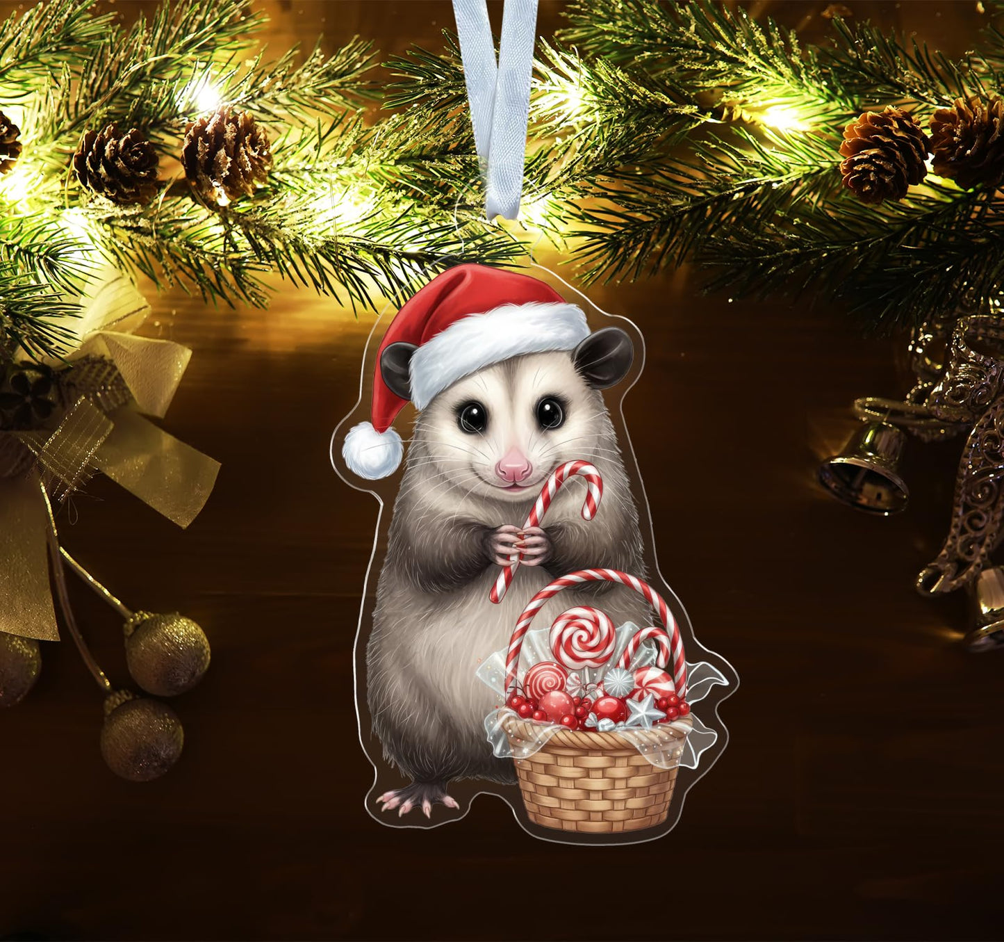 Opossum with Candy Cane Ornament - Shape Acrylic Decor - Cute Animal Ornament - Gift for Possum Lover - Xmas Tree Hanging Decor