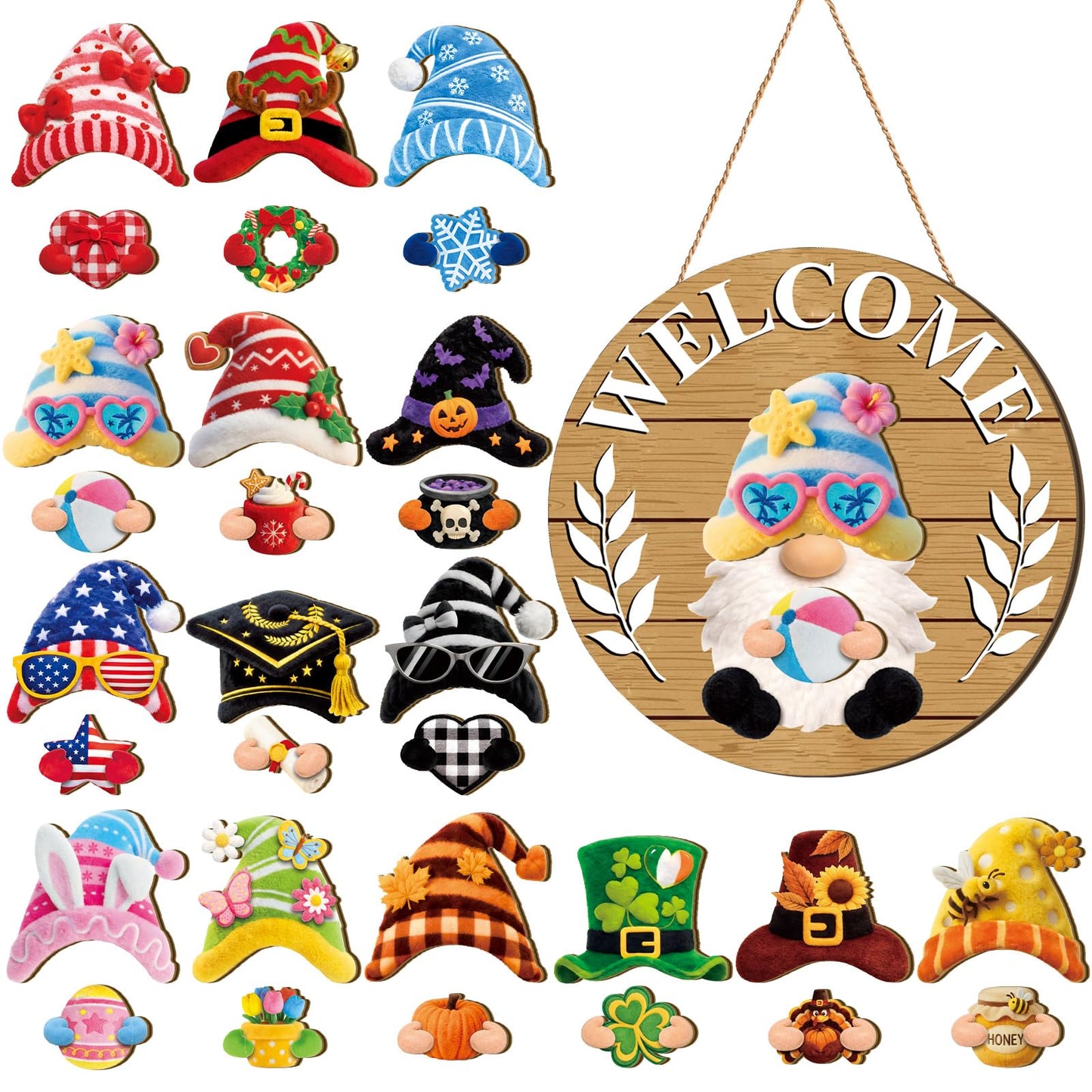 Qunclay 31 Pcs 3D Natural Grain Interchangeable Wooden Gnome Door Hanger Holiday Seasonal Gnome Decorations with Magnet Pieces and Detachable Hats Changeable Welcome Sign for Home (Yellow)