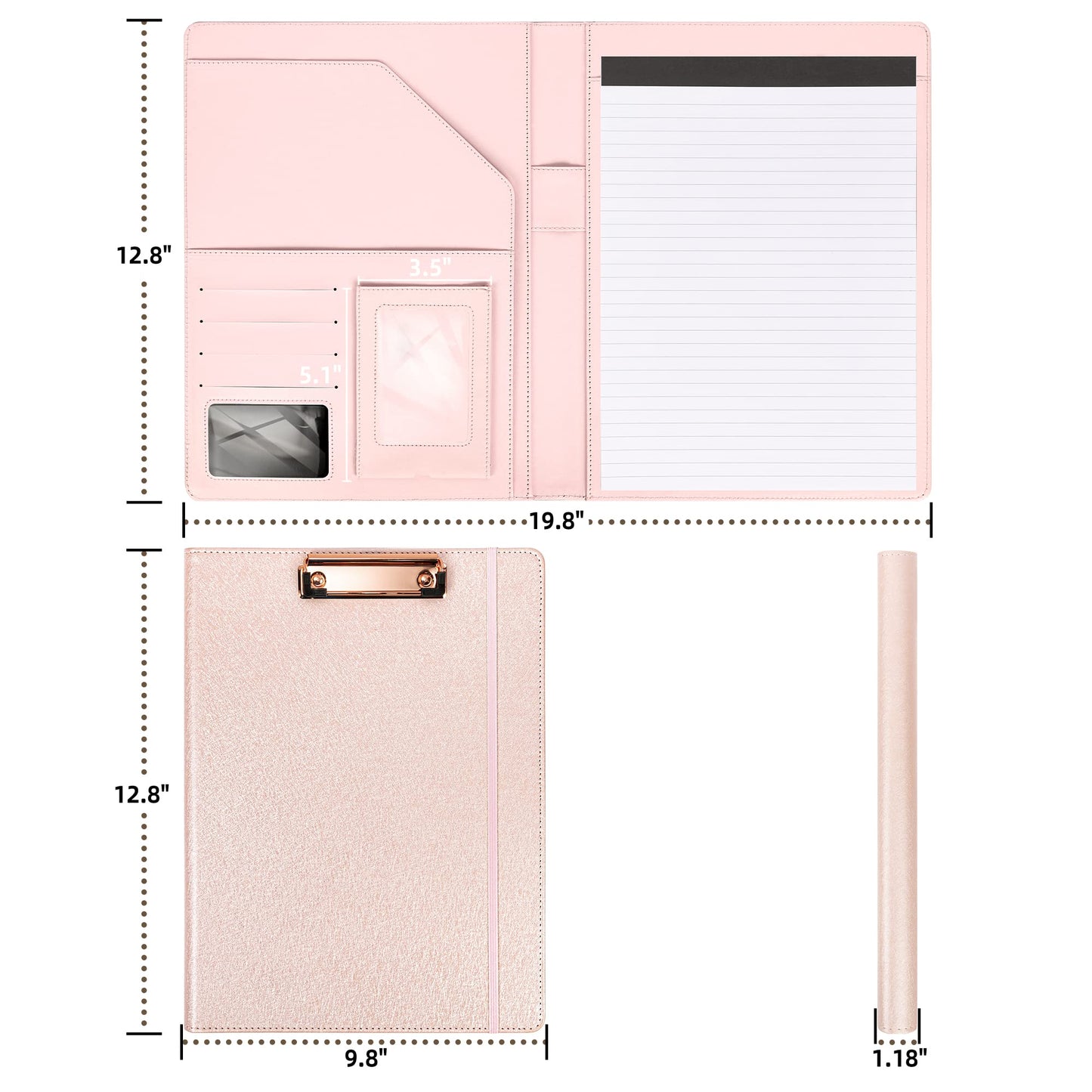 Leather Portfolio Organizer Women Clipboard with Storage Pink Clip Board for Notepad,Phone,Cards
