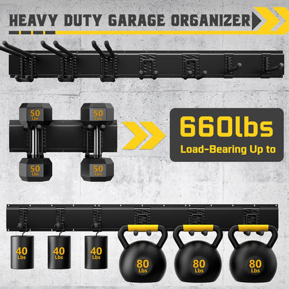 YZSFMZGE 48" Garage Tool Organizer Wall Mount, 660lbs Heavy Duty Steel Garden Tool Storage Rack with 9 Adjustable Hooks for Yard, Shed, Garage (3 Racks, 9 Hooks, 2 Straps)