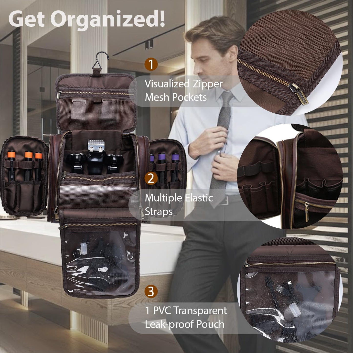 Personalized Leather Toiletry Bag for Men Women, Genuine Leather Toiletries Organizer, Travel Hanging Large Bathroom Shaving Kit, Gift Ideas for Groomsmen, Dad, Husband, Boyfriend, Birthday, Christmas