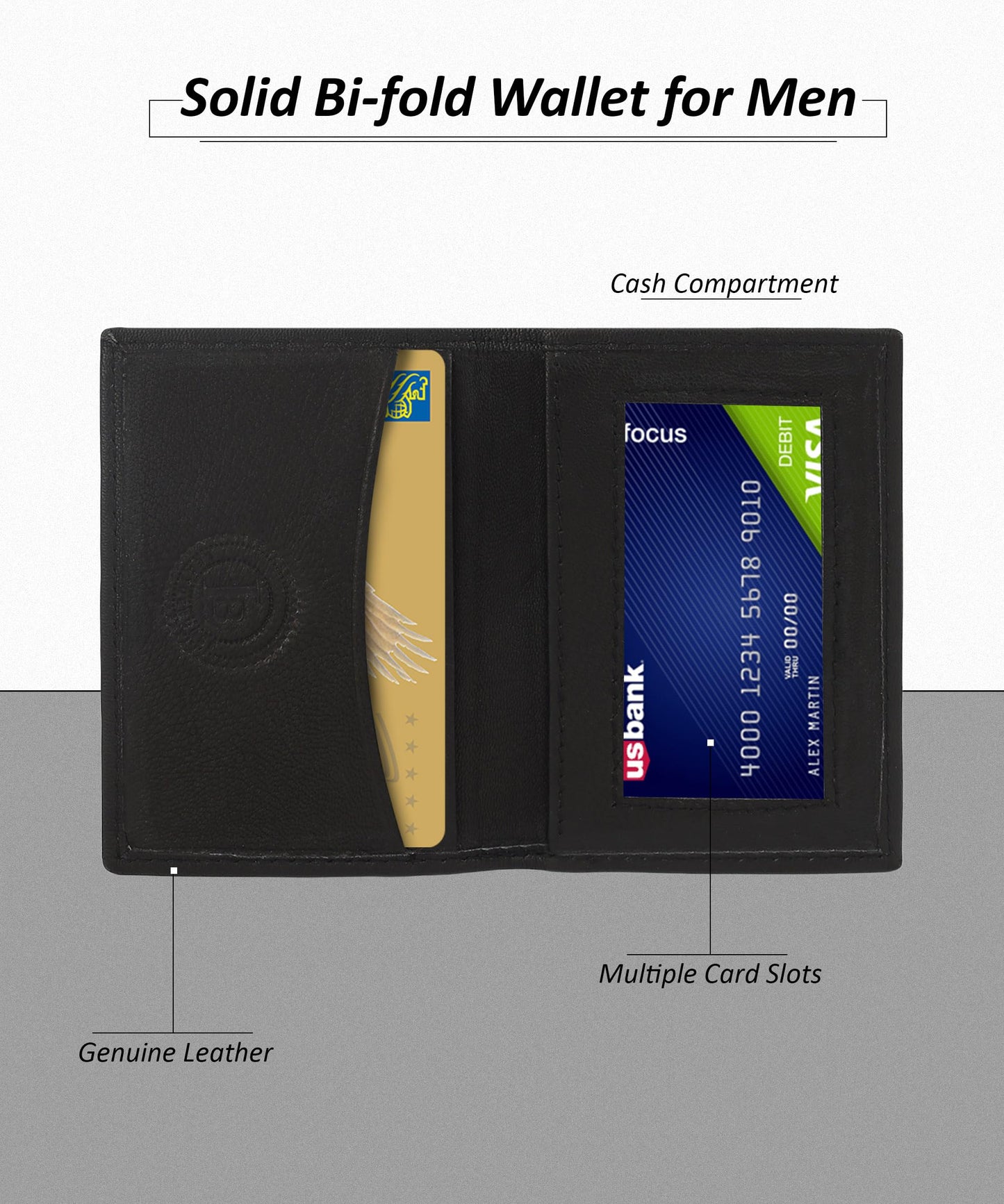 Leatherboss Genuine Leather Small Slim Bifold Wallet | Credit, Debit, ID Card Holder | Compact & Stylish with Clear ID Windows | Gift for Men, Black