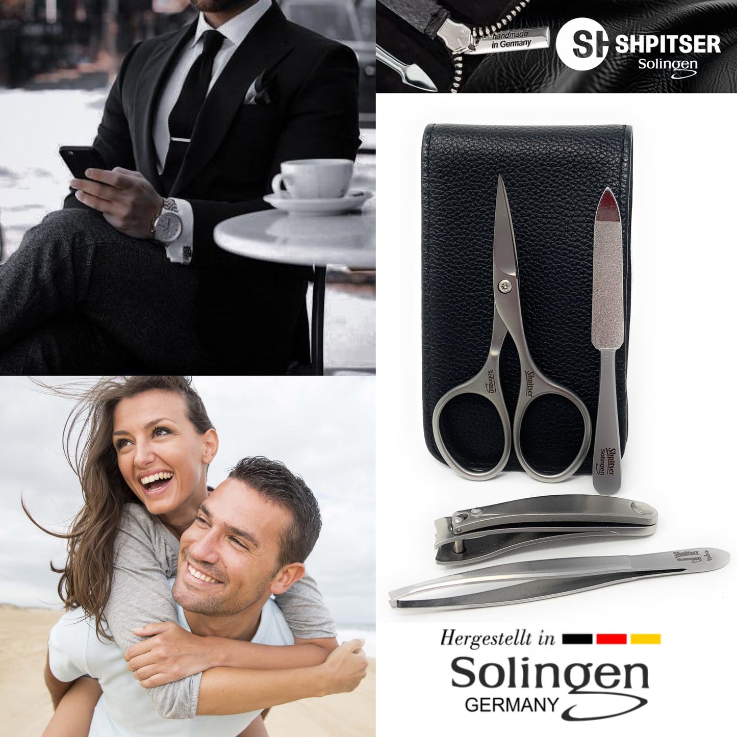 Shpitser Manicure and Pedicure Set of 4 Surgical Stainless Steel Instruments, Made in Solingen, Germany, Luxury Topinox Grooming Kit In Full Grain Nappa Leather Case (Black)