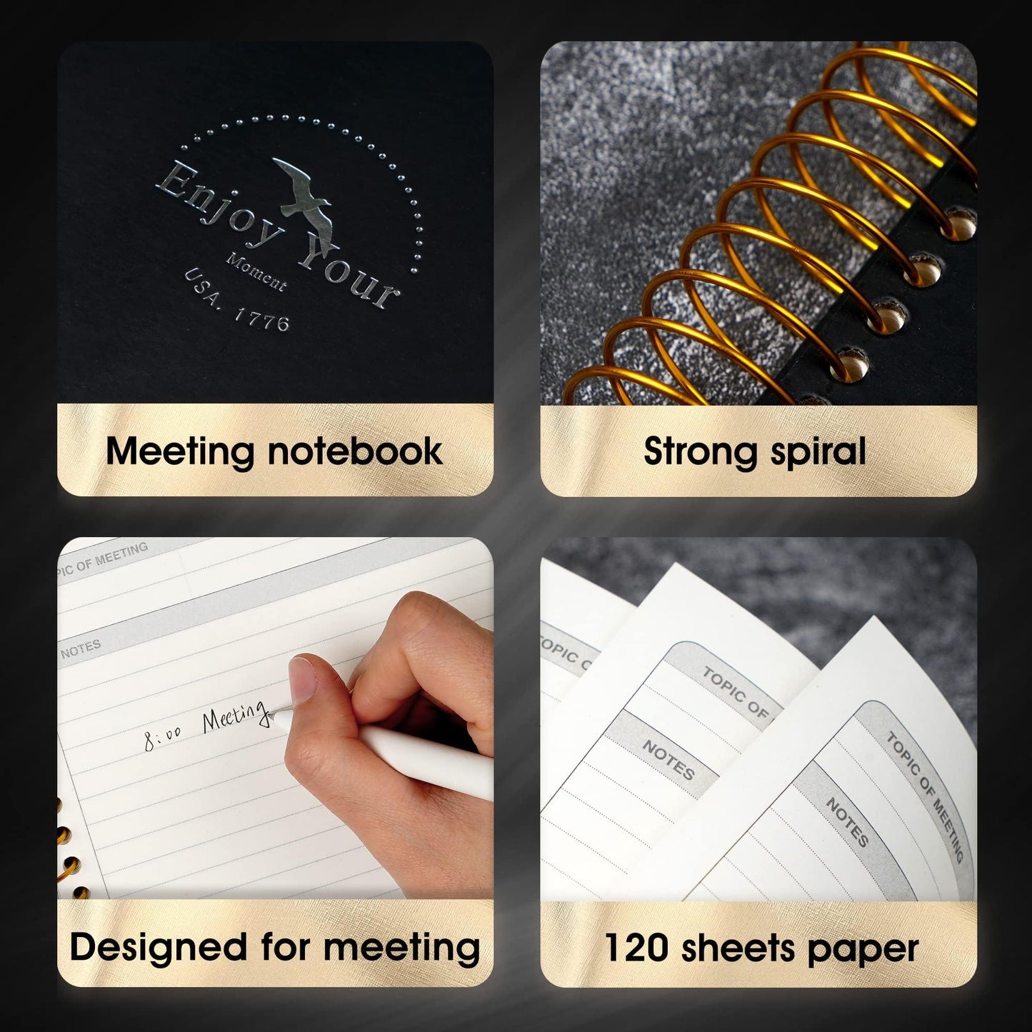 FLYING EGALE Meeting Notebook,8.5"x11" Professional Notebooks for Work - 240 Pages, A4 Size Project Planner, Spiral Meeting Agenda Organizer for Women Men, Large journal for Note Taking, Black