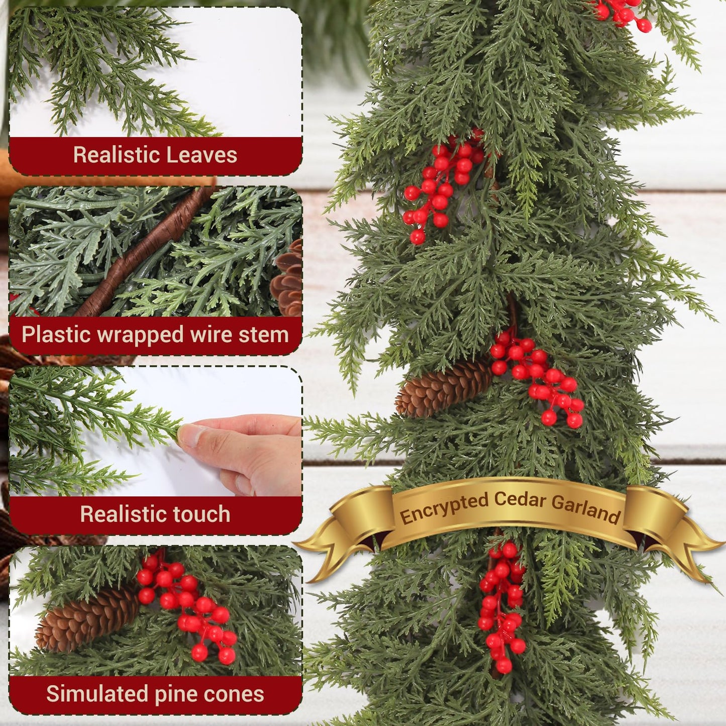6ft Christmas Cedar Garland with Artificial Red Fruits and Pine Cones, Soft and Thick, Faux Greenery Cedar Garland, Suitable for Home Dining Table, Mantel, Porch Winter Christmas Decoration (6FT)