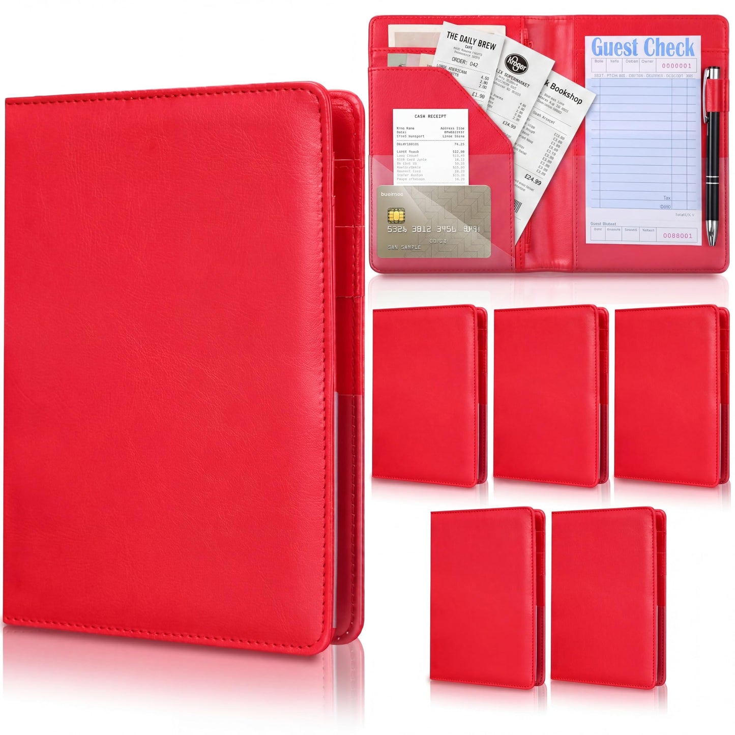 Containlol 6 Pcs Waitress Server Books Guest Book Pad Leather Money Organizer Wallet Organizer Waiter Cash Check Bill Receipt Holder with Pocket for Waitstaff Fit Apron(Red Style)