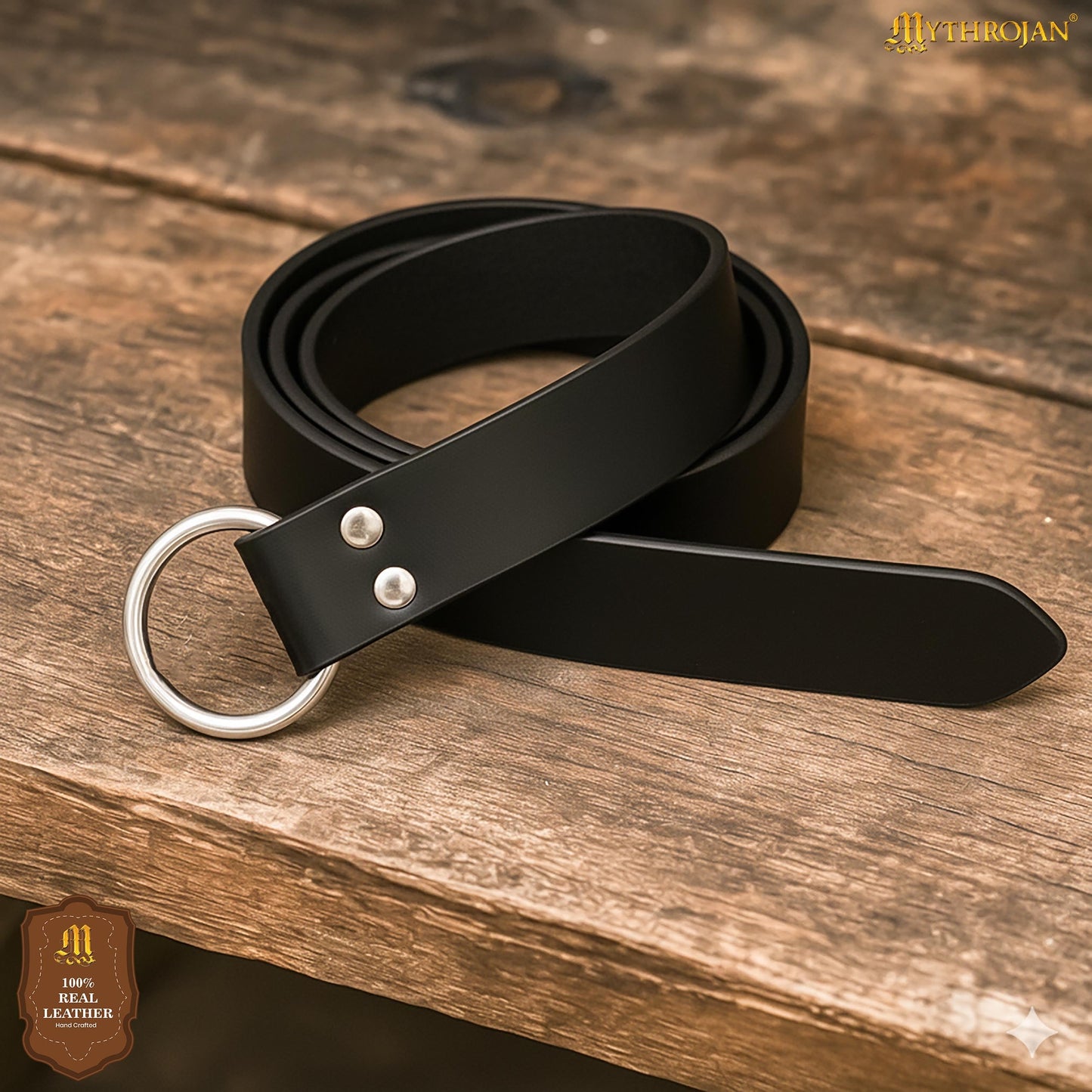 Mythrojan Medieval O Ring Belt Viking Leather Belt with 100% Genuine Leather for Medieval Events, LARP, Renaissance, Ren Faire, Costume Parties - Black, 60 Inches