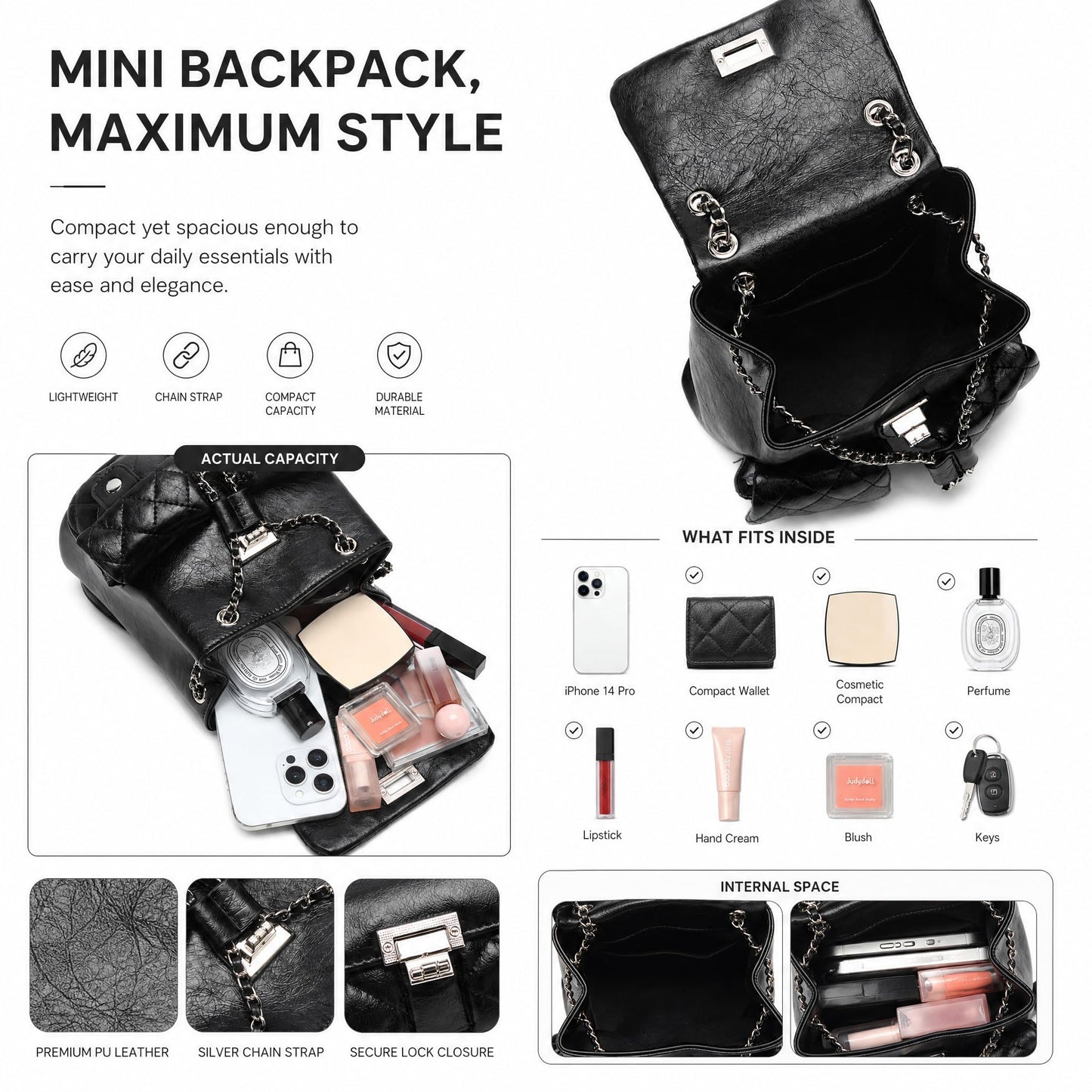 COC.EFRENAR Quilted Mini Backpack for Women, Chain Strap Small Purse with Flap Closure, Fashion Shoulder Bag Cute Travel Daypack(Black)