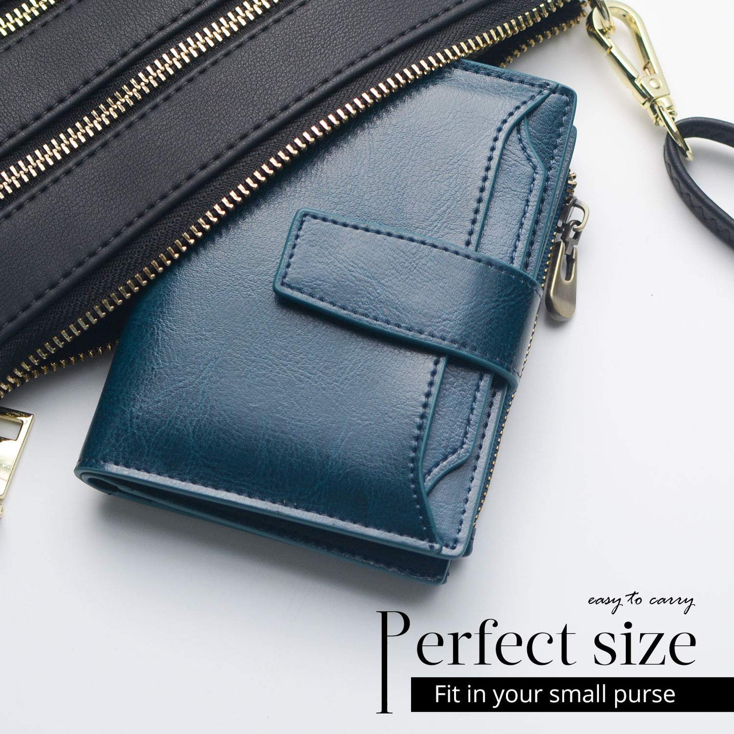Bveyzi Women's Small Leather RFID Blocking Bifold Zipper Pocket Wallet Ladies Credit Card Slots Purse with id Window(Peacock Blue)