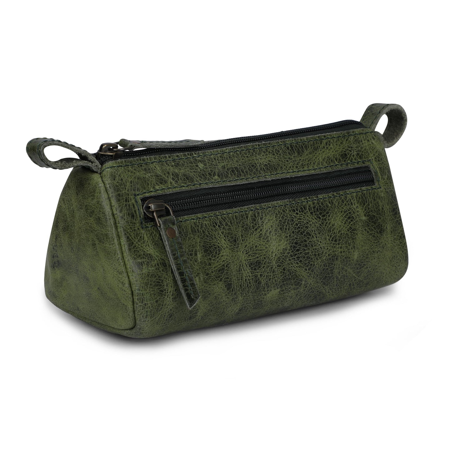 TheAntiq Leather Makeup Bag for Women – Genuine Leather Cosmetic Bag Travel, Handmade Zippered Makeup Pouch, Small Toiletry Bag, Shaving Kit & Stationery Organizer- Forest Green