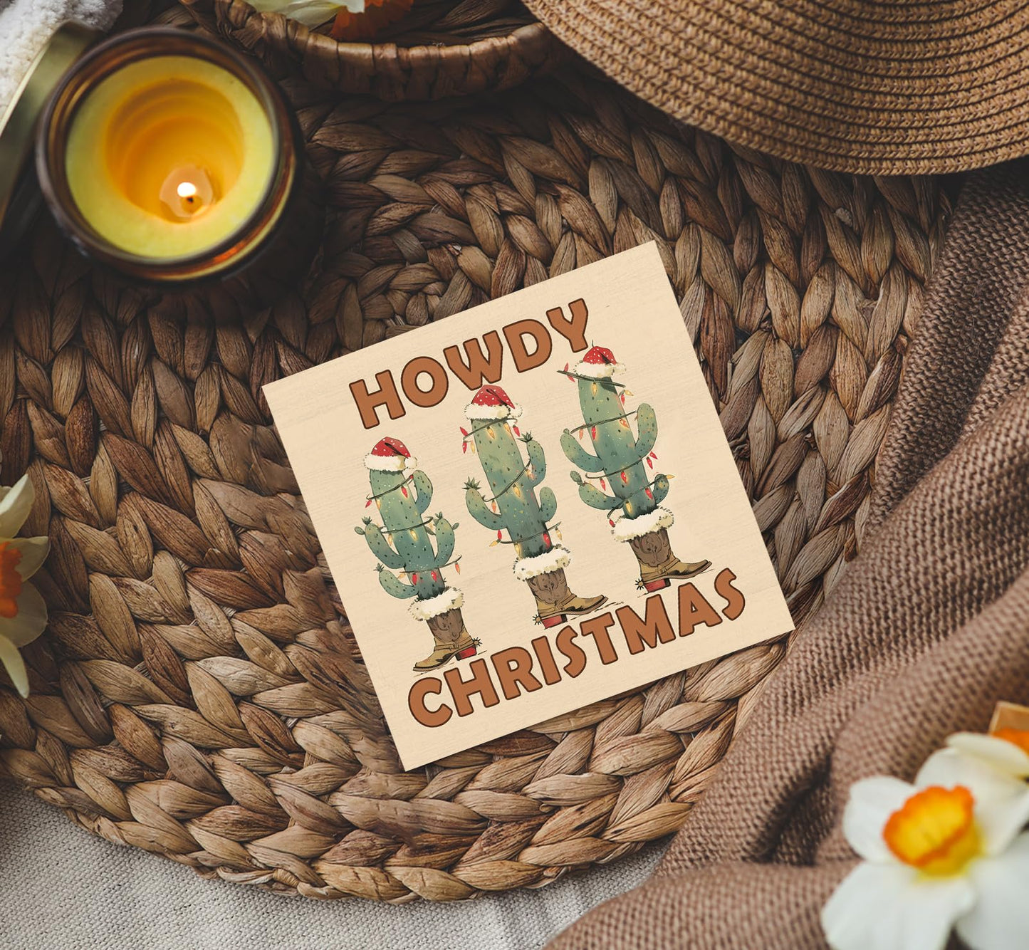 Nitelat Howdy Christmas Western Cactus Cowgirl Boots Wooden Box Sign, Country Christmas Wood Signs For Home Office Desk Shelf Table Decor, Western Decorations, 5x5 Inch