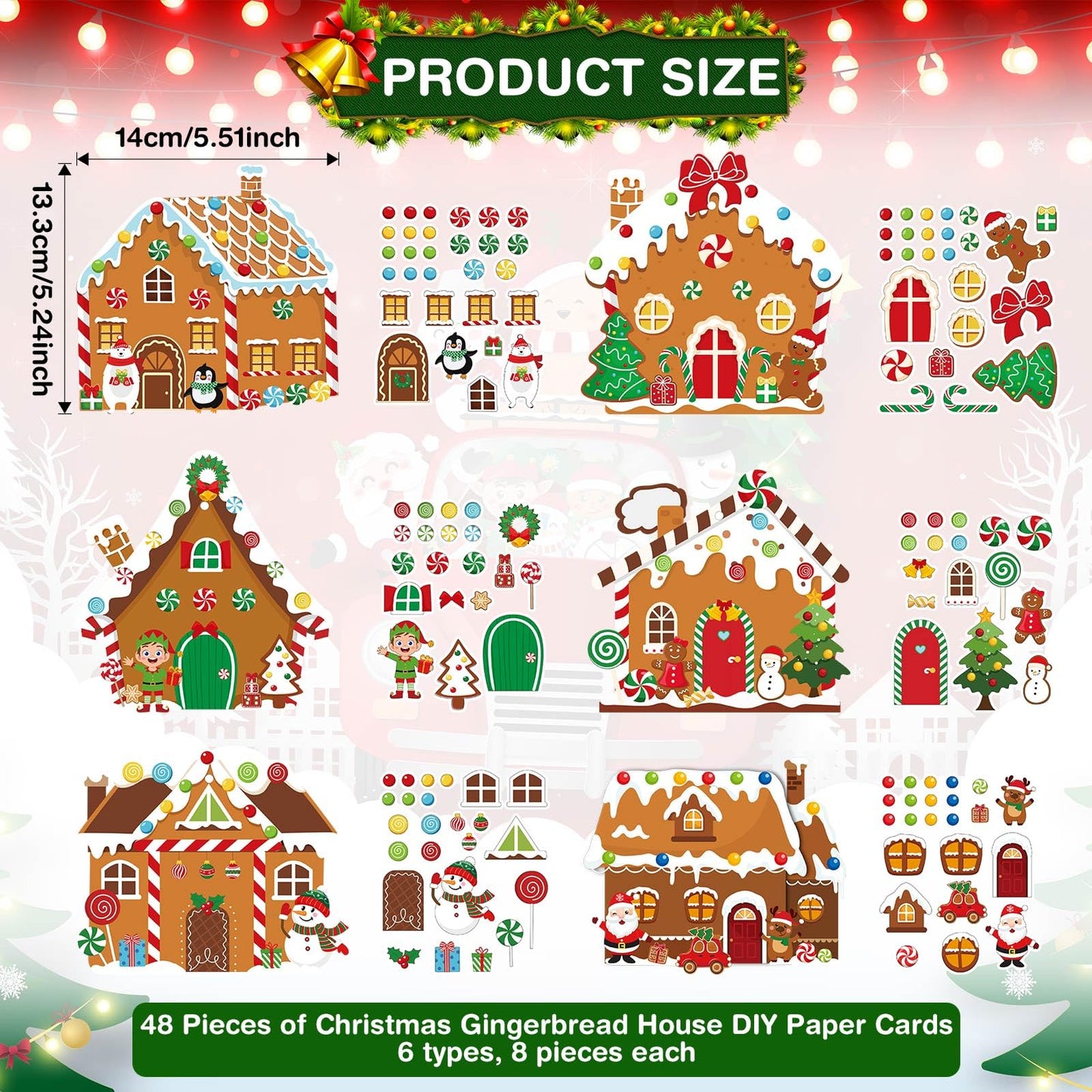 Pasimy Christmas Crafts Kits for Kids Xmas Gingerbread House Crafts DIY Christmas Tree Ornament Kit Make Your Own Gingerbread House Craft Stickers for Holiday Xmas Classroom Party Favors(48pcs)