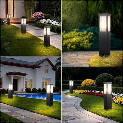 Outdoor Landscape Path Light Stainless Steel Waterproof Bollard Lighting Hardwired E26 Glass Post Pillar Lights Black Modern Lawn Lighting Outside House Pathway Lamp For Garden Patio Yard Street Light