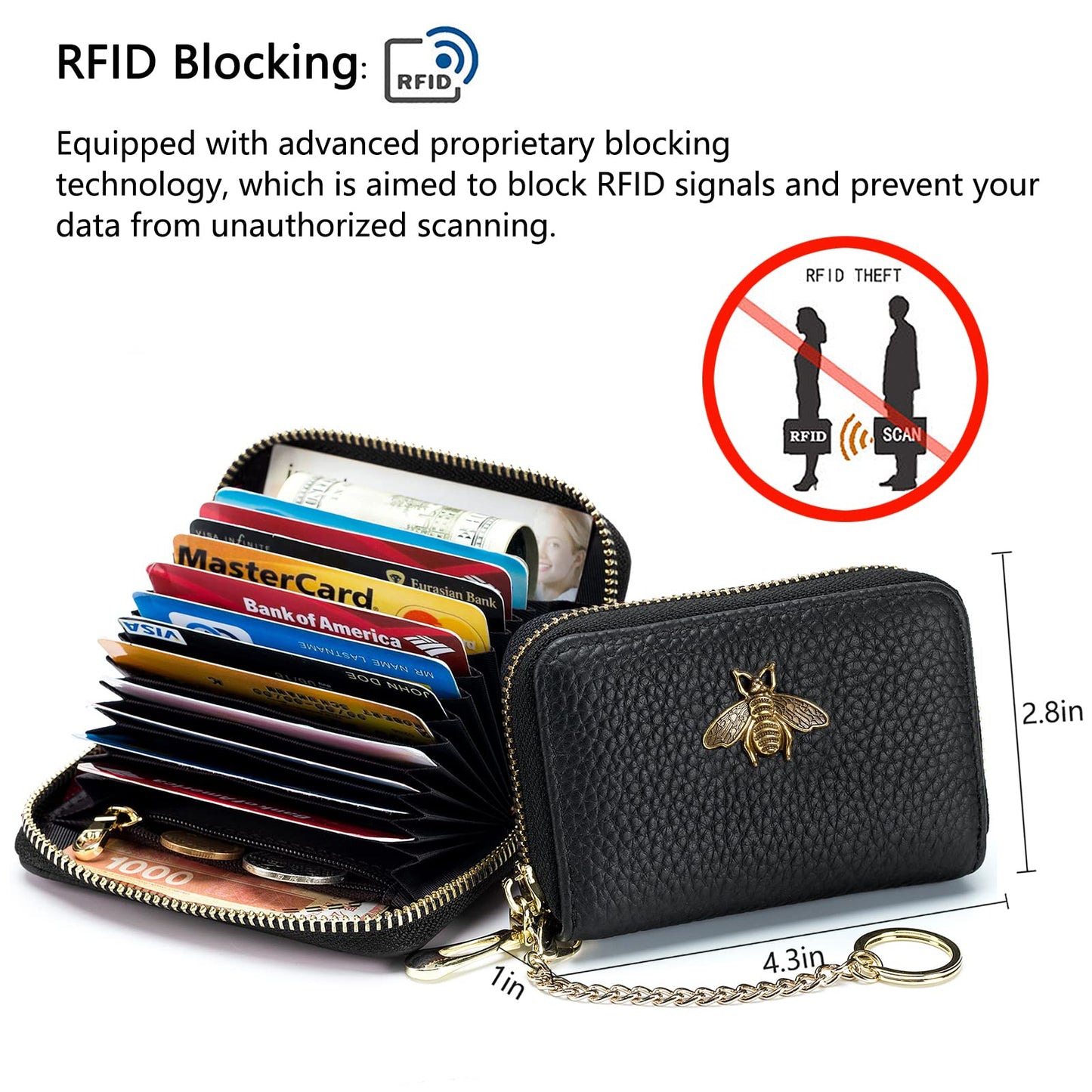 imeetu RFID Credit Card Holder, Small Leather Zipper Card Case Wallet with Keychain and ID Window for Women (Pro,Orange)