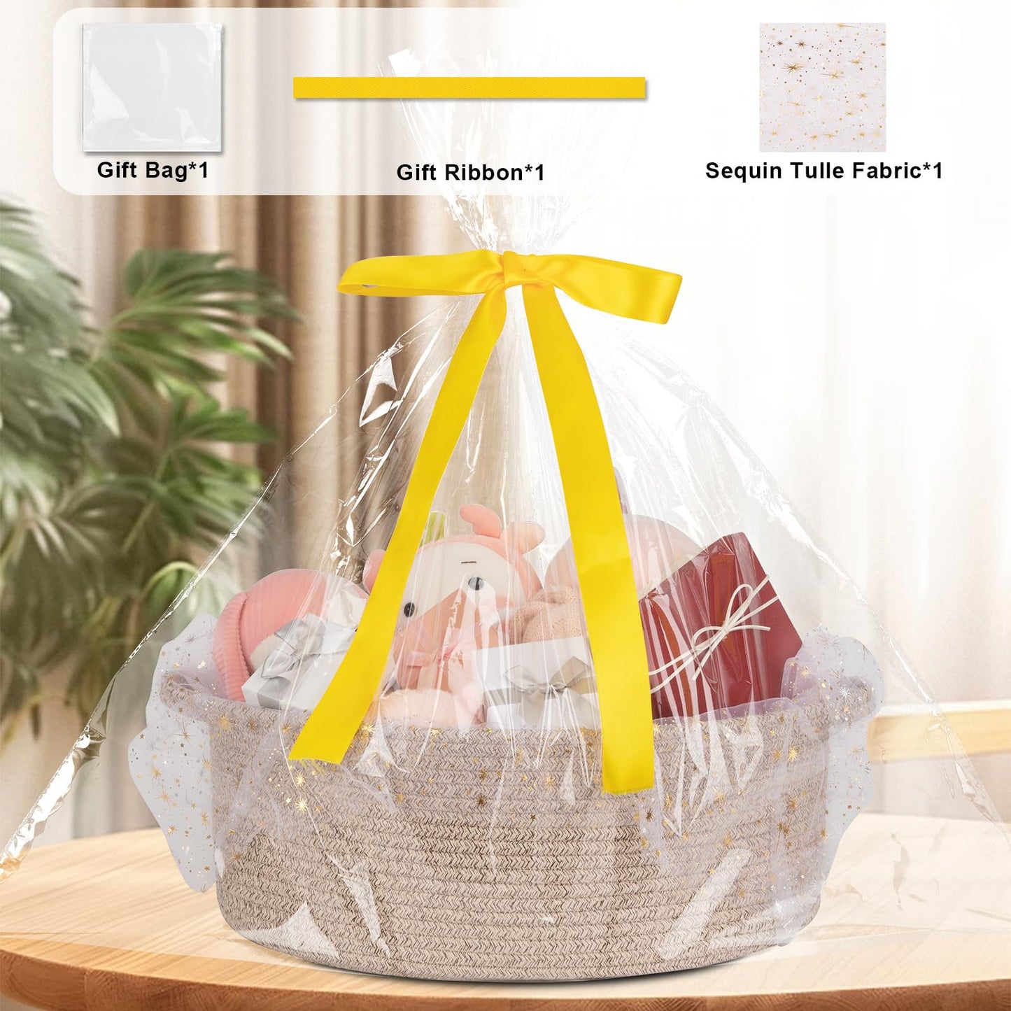 OIAHOMY Large Gift Basket Empty 17" x 12.6" x 7", Storage Basket with Gift Bag, Ribbon and Glitter Tulle for DIY Anytime, Toy Storage for Kids, Dogs with Handles in A Stylish Design - Brown