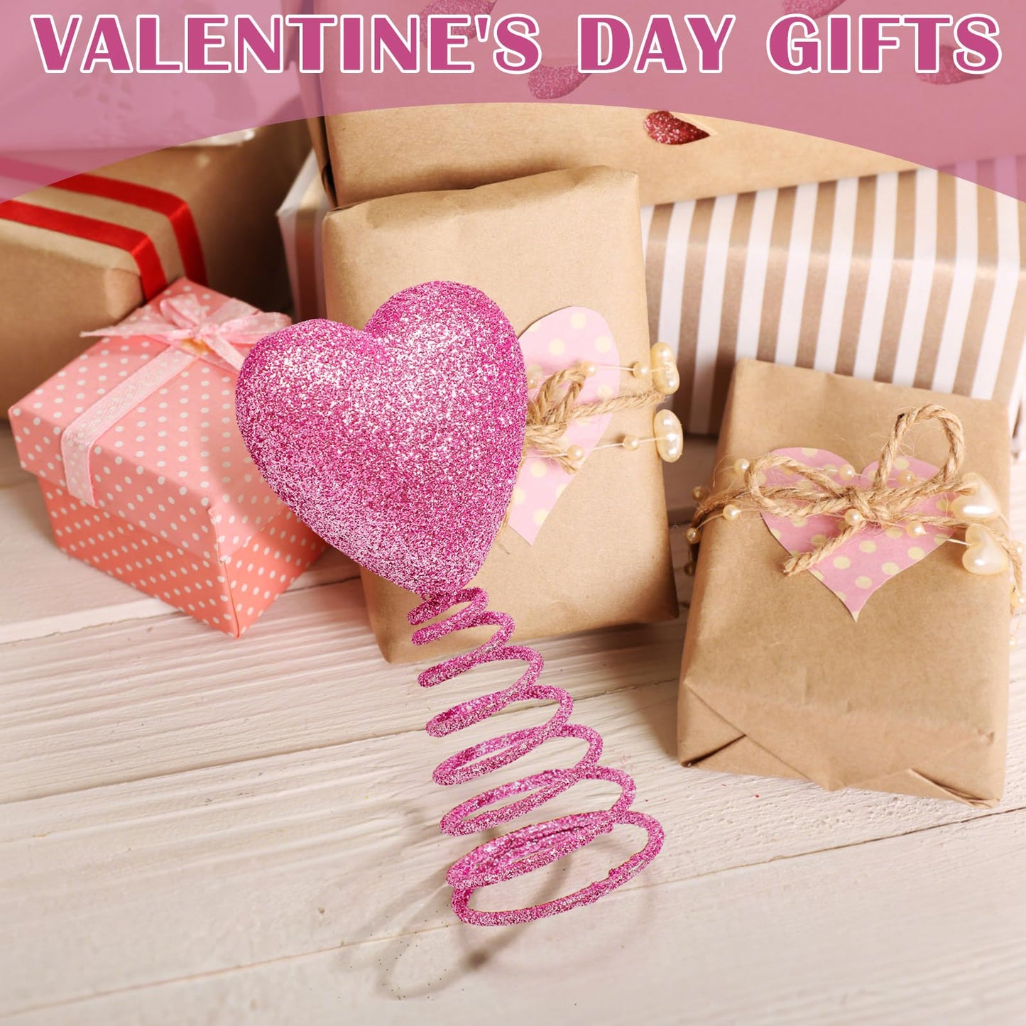 Gejoy Mini Valentine Christmas Tree Topper Pink Heart 6 Inch Miniature Glitter Heart Star Tree Topper for Valentine Home Decor Holiday