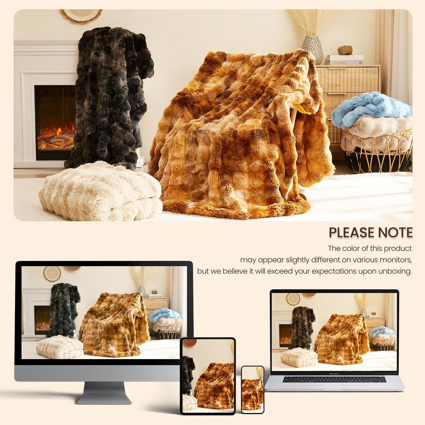 L'AGRATY Faux Rabbit Fur Blanket: 50" x 60" Luxury Soft Fluffy Thick Fur Throw Blanket for Couch Bed Sofa - Cozy Plush Bubble Blankets for Winter: Warm Flannel Fleece Decorative Blanket(Almond White)