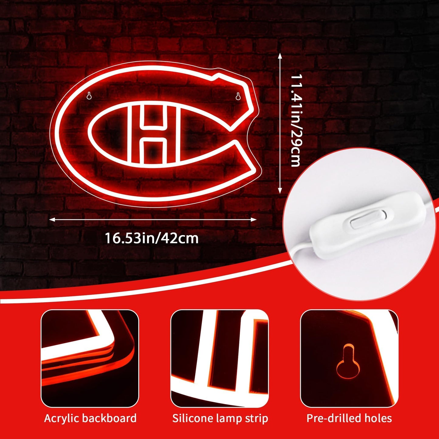 Ice Hockey Neon Sign,Sports Hockey Team,Ice Hockey LED Sign,Sport Neon Lights,Hockey Light,Hockey Club Decor,Hockey Gifts for Boys,Montreal Hockey Fans,Size 16.5 * 11.4 inches(XD101)