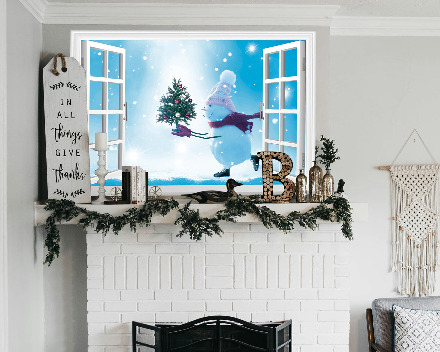 FLFK Fake Window Wall Mural - Snowman Holding a Christmas Tree Faux Window Wall Sticker for Wall Decor, Peel and Stick Wall Decals,48"x32",Set of 2 Sheets