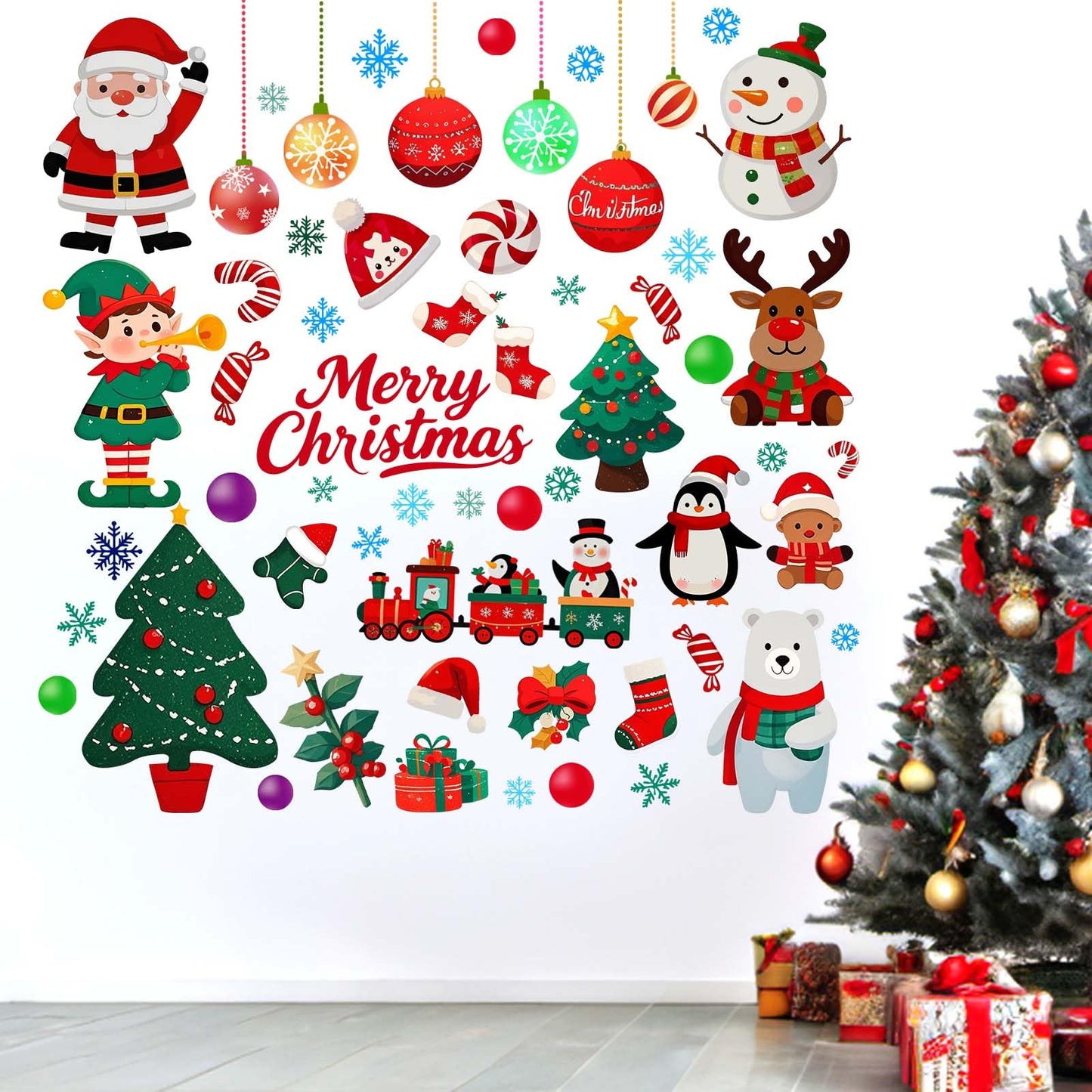 Christmas Santa Wall Decals for Kids: Festive Holiday Chrismas Tree Reindeer Wall Stickers for Indoor Home Decor - Living Room Kids Room Windows Door - Easy Peel and Stick Family Activity