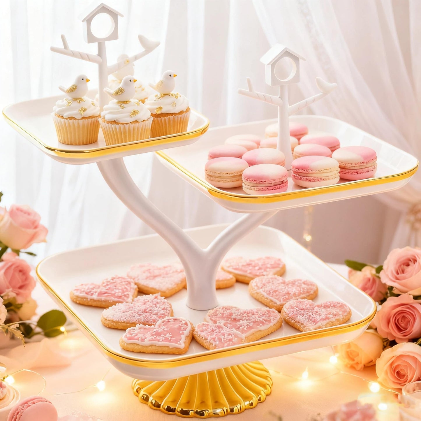 3 Tier Cupcake Stand, Plastic Tiered Dessert Serving Tray, Square Dessert Table Display Set for Cupcakes, Cookies, Macarons, Ideal for Baby Shower, Birthday, Wedding, Tea Party & Home Decor
