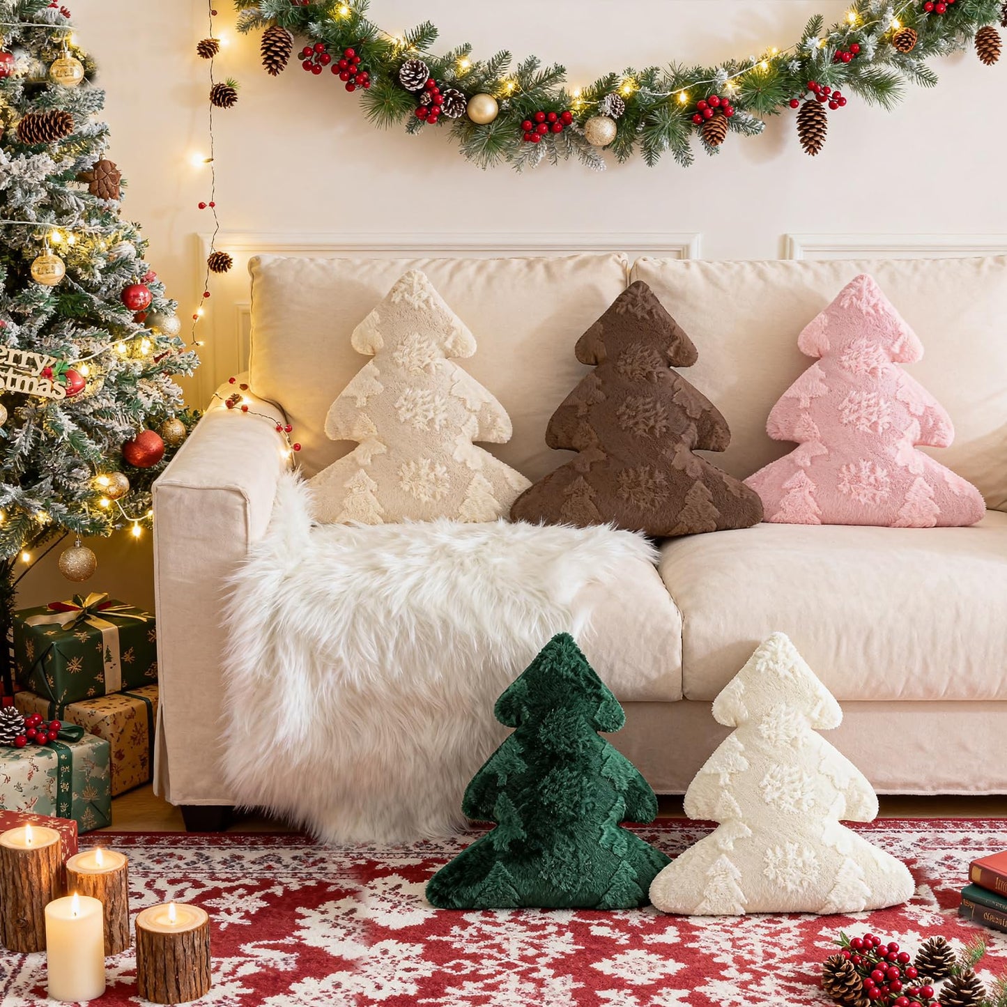 Lanpn Christmas Tree Pillows Set of 2, Snowflake & Tree Christmas Decoration Winter Soft Cute 3D Shaped Xmas Tree Throw Cushion for Sofa Bedroom Xmas Decor (18x16 inch, Pink)