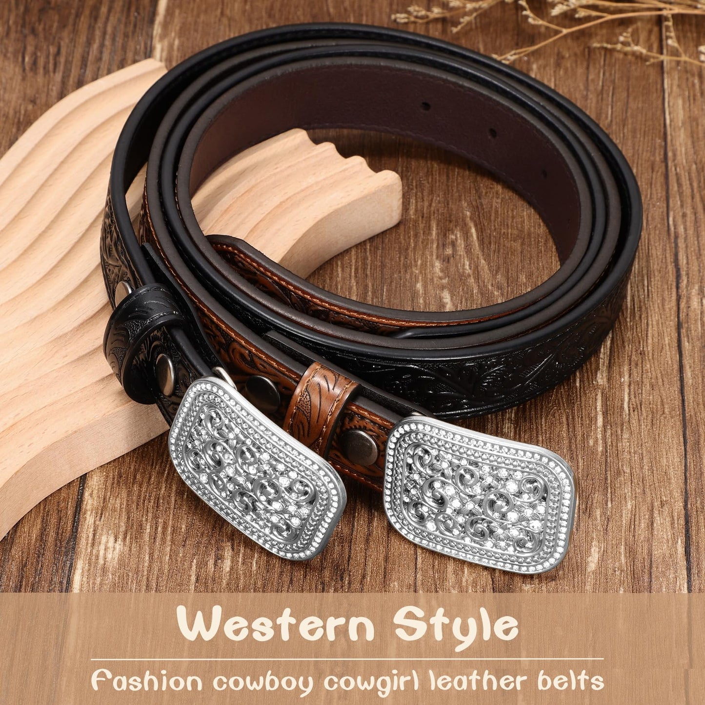 XZQTIVE Genuine Leather Belts for Boys Girls Vintage Kids Western Cowboy Cowgirl Belts Engraved Tooled Leather Belts,coffee