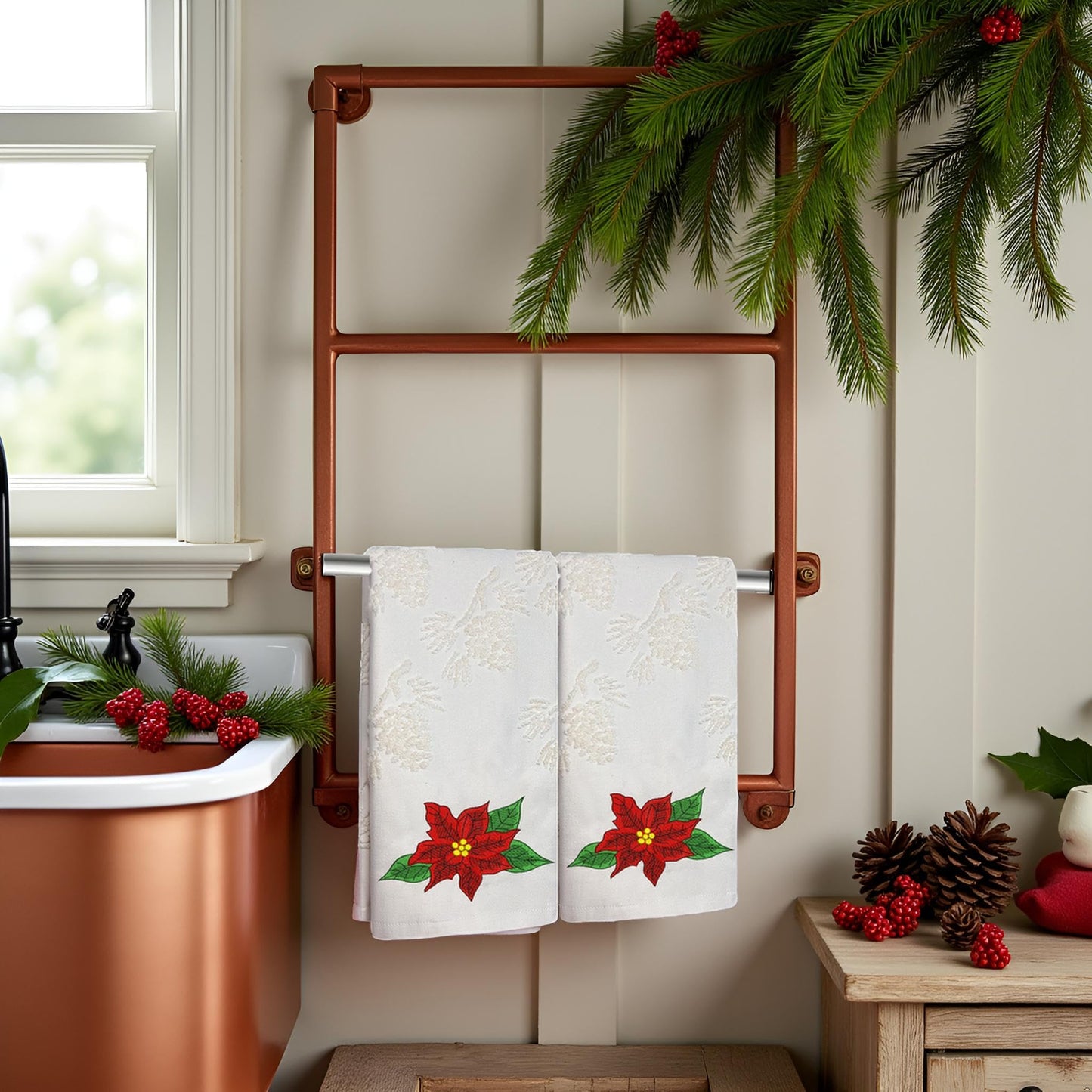 Xkdamai 2 Pack Christmas Hand Towels 100% Cotton Jacquard Pine Cone Embroidered Poinsettia Holiday Kitchen Dish Towels Retro Neutral Beige Bathroom Towels Set Gift Seasonal Xmas Winter Bathroom Decor