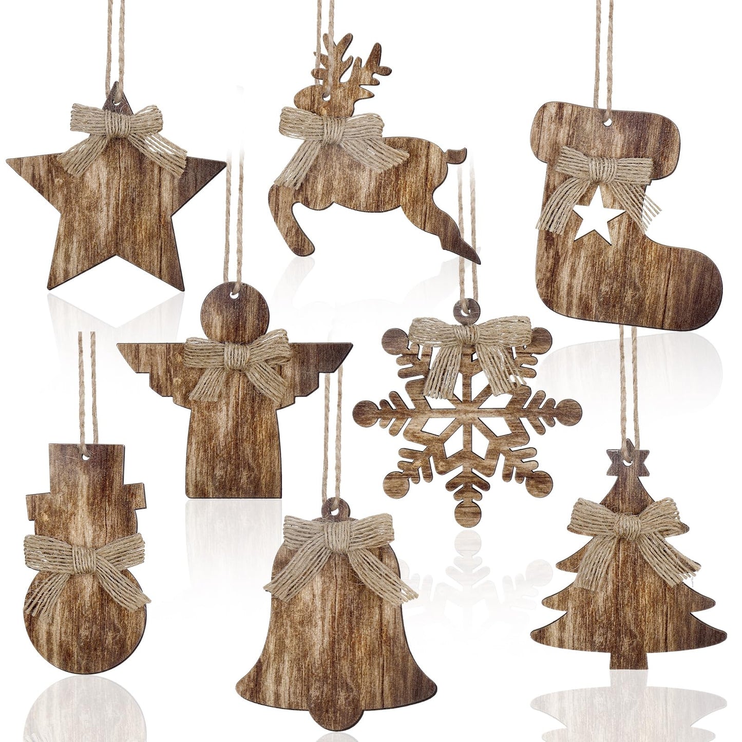 Lineshading 8 Pcs Rustic Christmas Tree Ornaments Wooden Farmhouse Ornaments Angle Snowflake Reindeer Tree Hanging Decor for Fireplace Xmas Home Office (Cute Style)