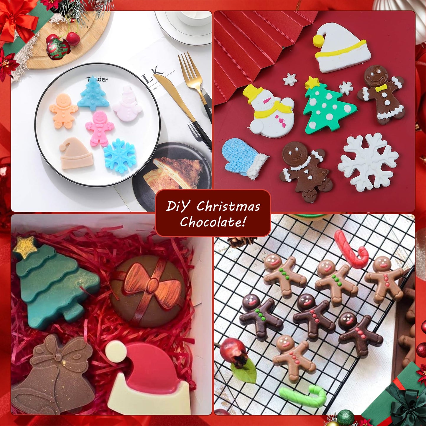 Zorazio 2Pack Christmas Silicone Cookie Chocolate Molds,Christmas Tree Silicone Mold, 12-Cavity Christmas Chocolate Mold for Candy Cookies Including Snowman Snowflakes Santa Hat