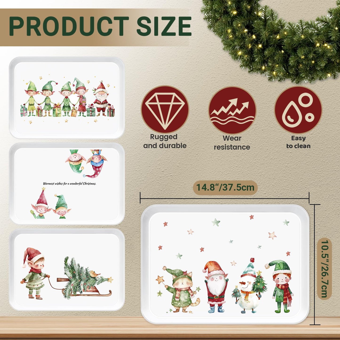 Jrusmr 4-Piece Christmas Serving Tray Set, 15 x 11 Inch Reusable Melamine Platters with Festive Elf Cartoon Designs, Rectangular Holiday Trays for Snacks, Fruits, Desserts & Candy