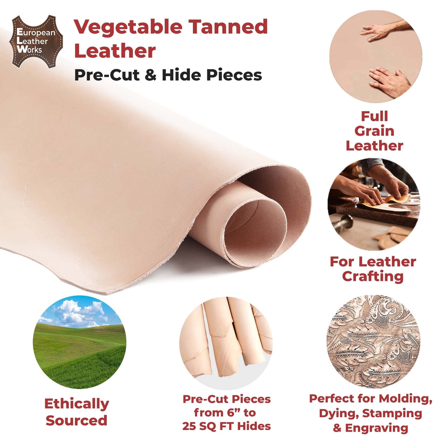 ELW 5-6 oz (2-2.4mm) Thickness Weight 2PCS 10"x10" Vegetable Tanned Leather Cowhide Grade AB Full Grain Leather for Tooling, Carving, Engraving, Molding, Embossing, Stamping, & Dyeing