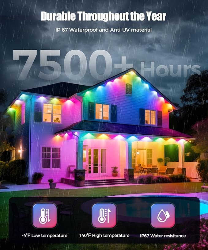 POOFZY Permanent Outdoor Lights for House,50ft RGB+IC Smart Outdoor Decor, 50 Scene Modes,App/Remote Control,IP67 Waterproof,for Christmas,Halloween,Daily & Holiday Party Decor,House Roof Lighting
