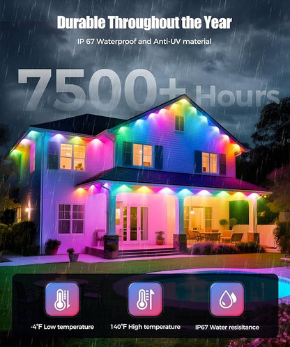 POOFZY Permanent Outdoor Lights for House,50ft RGB+IC Smart Outdoor Decor, 50 Scene Modes,App/Remote Control,IP67 Waterproof,for Christmas,Halloween,Daily & Holiday Party Decor,House Roof Lighting