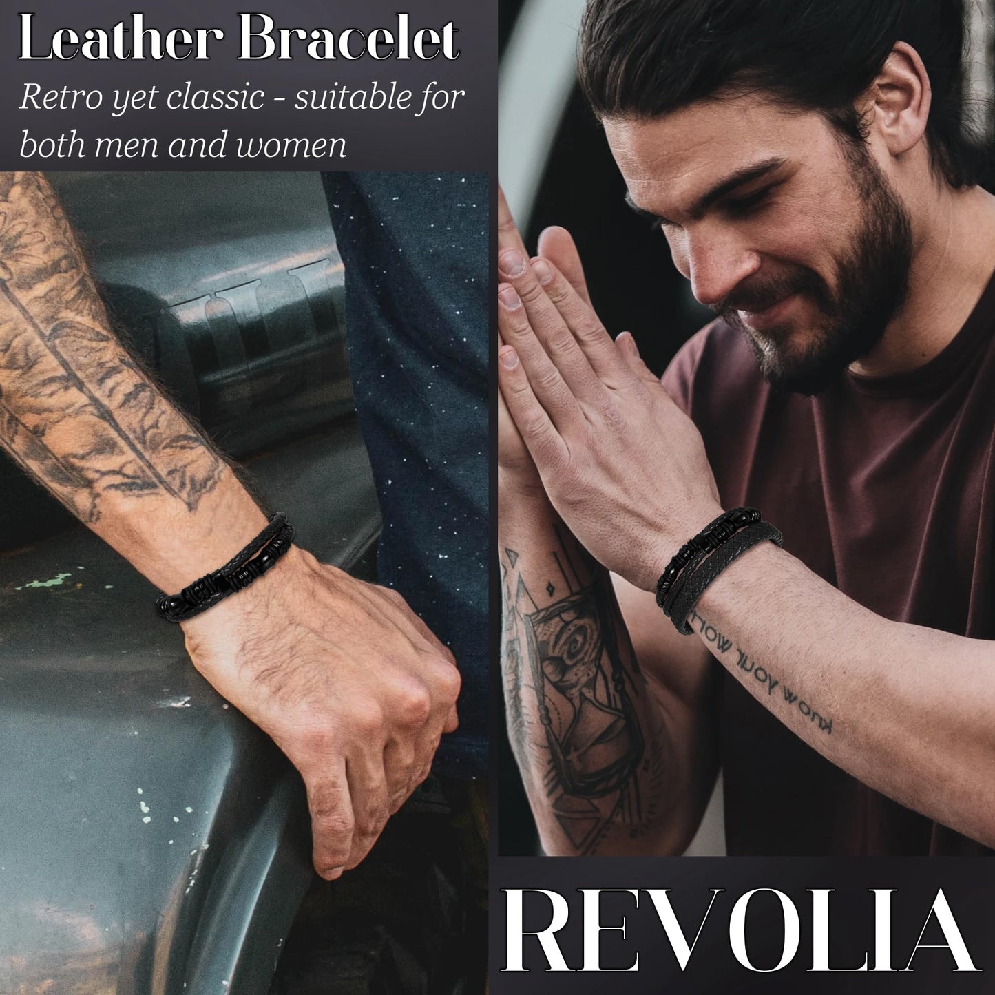 REVOLIA 3Pcs Black Leather Bracelets for Men Women Braided Leather Wristband Cuff Bracelets Multi-Layer Braided Leather Bracelets Set Black 7.5 Inch